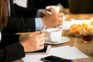 A business meeting set up by corporate hospitality staff