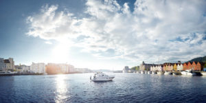 Panoramic of port with speedboat, Bergen, Norway