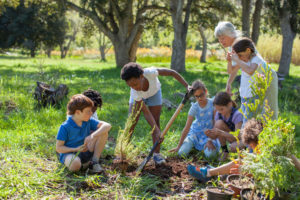 Children planting trees together in nature for Earth Day