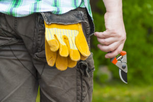 live in caretaker walking grounds with gloves and tool